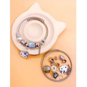 Unique Pandora Style Charm Bracelet DIY Customizable Kitty Pearl & Heart Beads